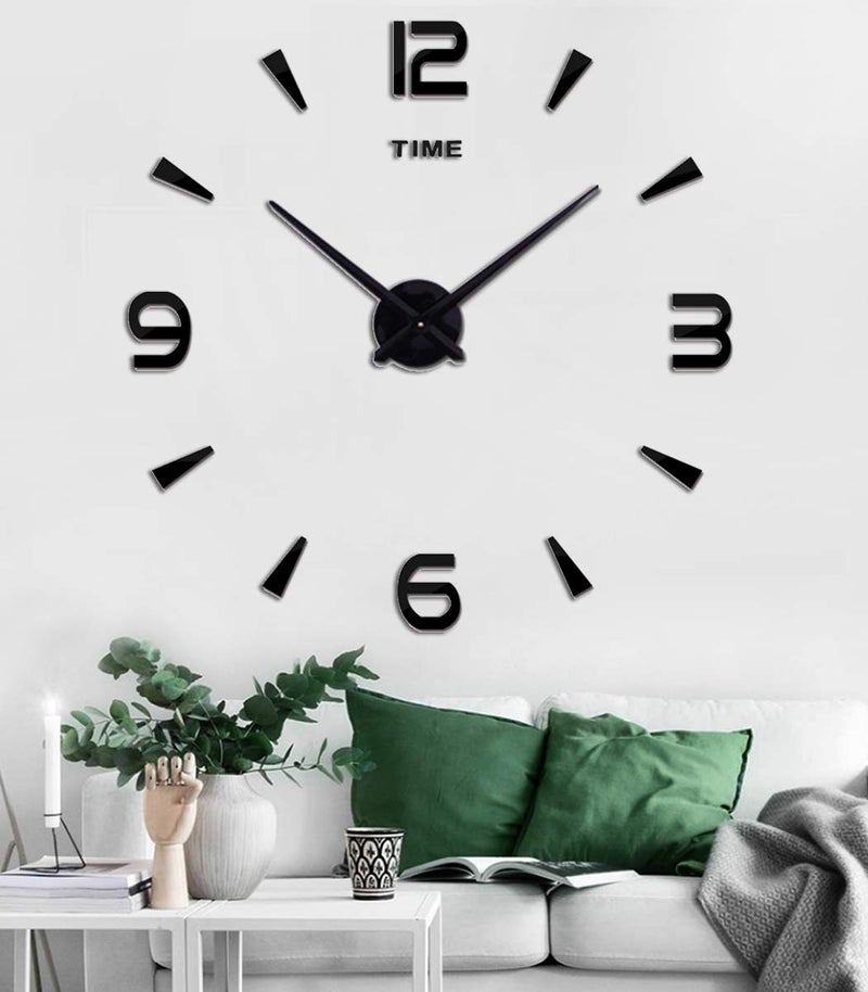 SIEMOO Large DIY Wall Clock Kit, 3D Frameless Wall Clock with Mirror Number Stickers for Home Living Room Bedroom Office Decoration-Black 022 - Image 1